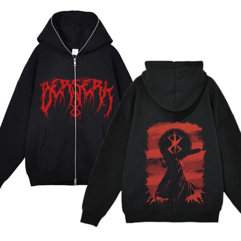 TENJINGE Trendy Berserk Sweatshirt Full Zip Jassen Y2k Hoodies Casual Sweatshirts Anime Print Jas Herfst Fleece Kleding Lef Capuchon voor Mannen XXXL