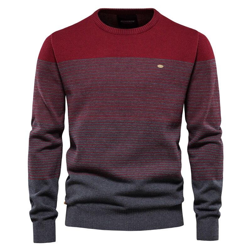AIOPESON Men Fashion AIOPESON Merk Katoenen Trui Mannen Mode Toevallige O-hals Gestreepte Truien Gebreide Trui Mannelijke Nieuwe Winter Warme Heren Truien M 55-65 kg wijn