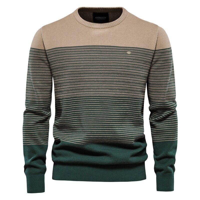 AIOPESON Men Fashion AIOPESON Merk Katoenen Trui Mannen Mode Toevallige O-hals Gestreepte Truien Gebreide Trui Mannelijke Nieuwe Winter Warme Heren Truien 3XL 90-98 kg kaki