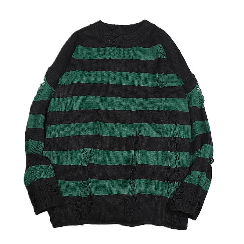 FX Men Zwarte strepen truien vernietigd gescheurde trui heren pullover gat gebreide truien heren oversized sweatshirt harajuku lange mouwen tops 2XL donkergroene kleur