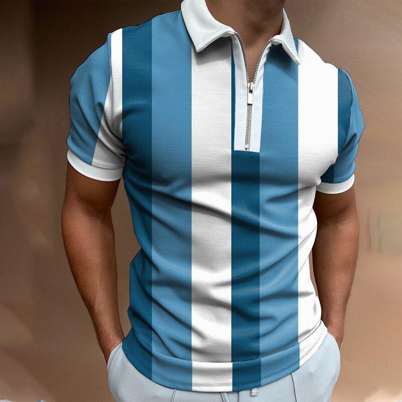 WomWear Gestreept POLO-shirt voor heren met kantoorrits en korte mouwen L blauw