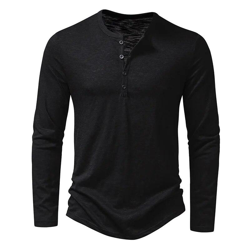 Leefona Heren katoenen overhemd met Henley-hals en lange mouwen, casual knoop, effen kleur, mode-T-shirts S