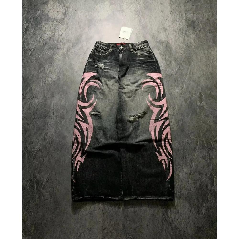 RogueWave Y2K Pink Baggy Jeans Vintage Printing Pattern Washed Ripped Jeans Hip Hop Streetwear Harajuku Men Women Casual Wide Leg Jeans S