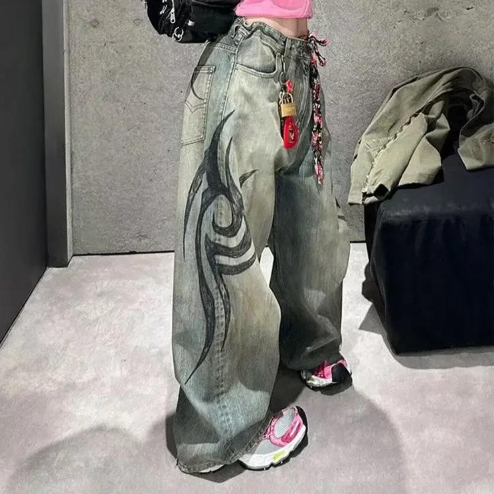 RogueWave Y2K Pink Baggy Jeans Vintage Printing Pattern Washed Ripped Jeans Hip Hop Streetwear Harajuku Men Women Casual Wide Leg Jeans L