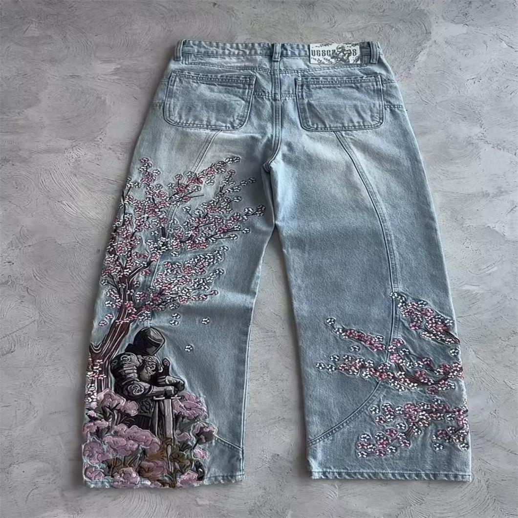 SHIZI Men Women Cherry Blossom Knight All Embroidery Denim Pants Y2k Vintage Baggy Street Straight Jeans High Waisted Washed Blue Jean M