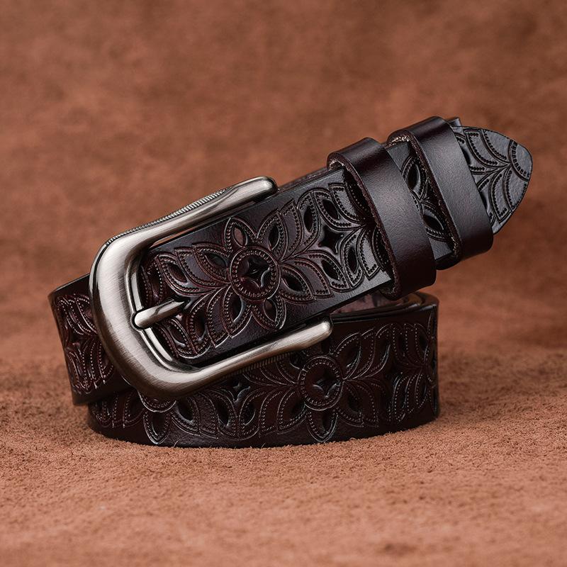 COOLERFIRE FASHION Vintage Pin Gesp Holle Patroon Riem Dames Trend Tailleband Vrouwen Luxe Merk Hoge Kwaliteit Lederen Taille Riemen DT013 105CM