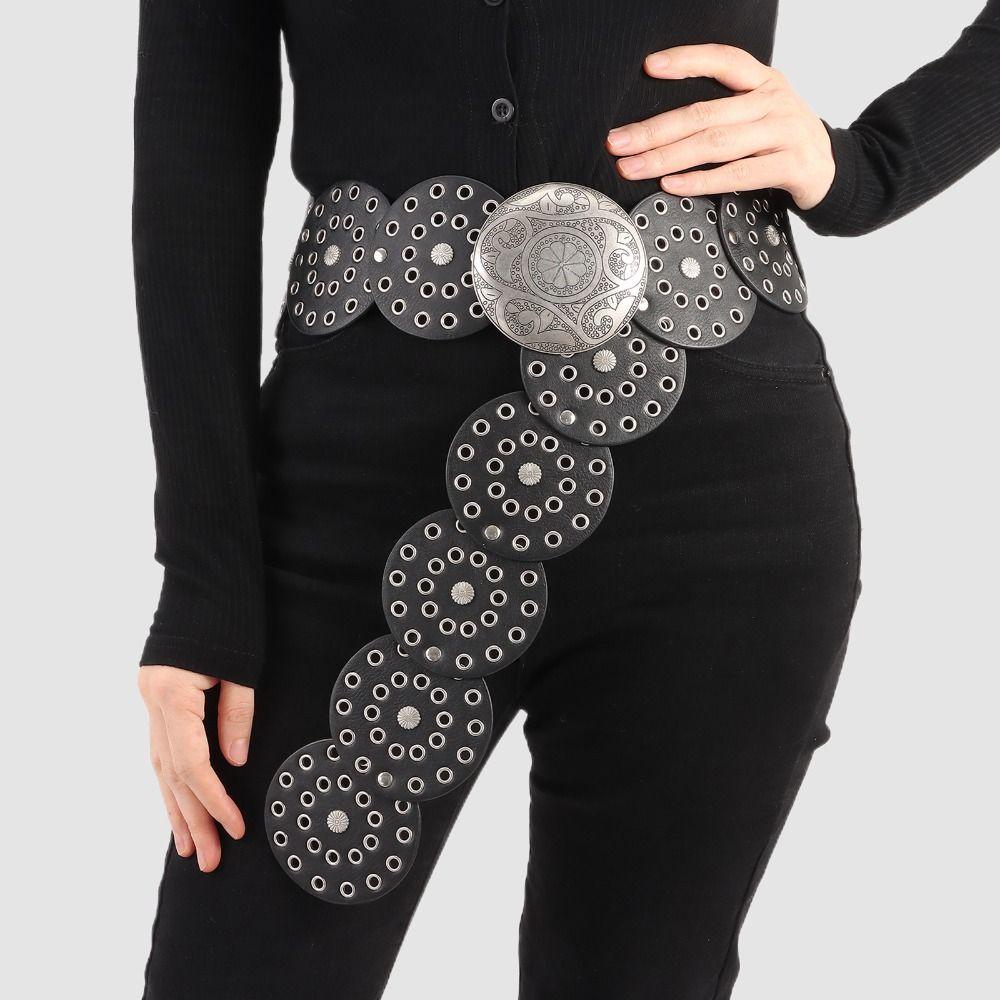 YNsanqi Westerse stijl schijfriem Y2K brede schijfriem Cowboy brede schijfriem holle riem voor dames Black Silver-B-115cm