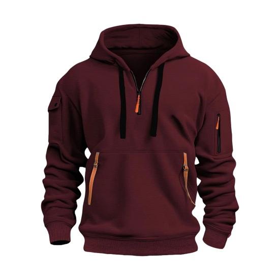 Meizhenchang Heren Herfst Winter Hoodie Effen Kleur Trekkoord Lange Mouwen Halve Rits Arm Zak Band Decor Capuchon Losse Dagelijkse Draag Casual Sport Top L
