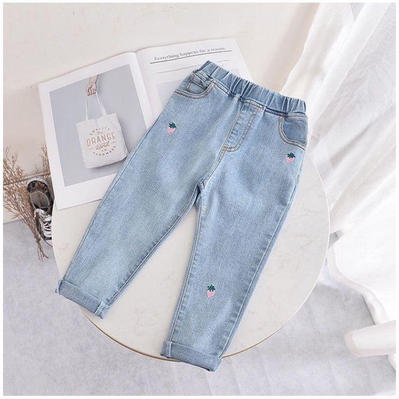 Happytimes Meisjes borduren jeans lente babymeisje casual slanke jeans herfst kinderen blauwe lange broek broek kinderkleding 90cm