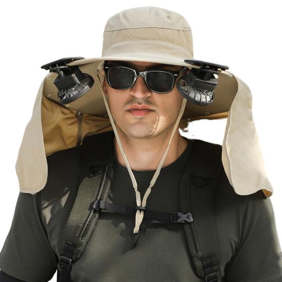 MUQZI Zonne-ventilatorhoed met nekflap UPF 50+ UV-bescherming Hoed met 2 koelventilatoren USB-oplaadbaar Ademend Heren Dames Zomer Buiten Brede rand Zonnehoed B