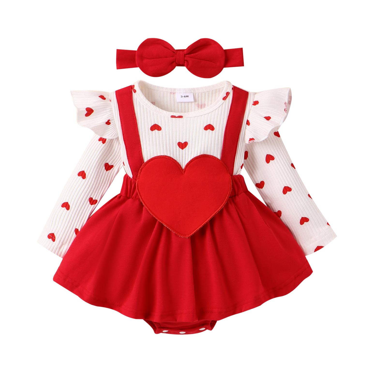 Happytimes Herfst Baby Meisjes Valentijnsdag Romper Jurk 3M 6M 9M 12M 18M Lange mouw Ruche Hart Brief Print Jumpsuits met Hoofdband 73cm