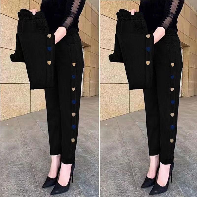 Marc Dames hoge elastische taille faux jeans grafische print magere herfst winterbroek potlood lange broek XXXXXL