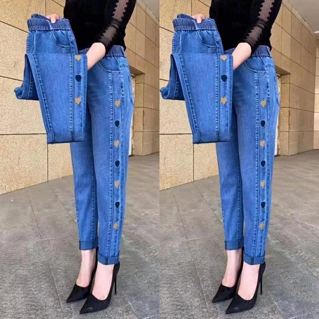 Marc Dames hoge elastische taille faux jeans grafische print magere herfst winterbroek potlood lange broek XXL