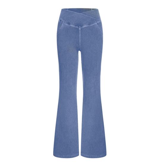Alles gute Denim broek met hoge taille, iets slim fit, uitlopende jeans, zakken, gekruiste tailleband, denimbroek, streetwear 3XL