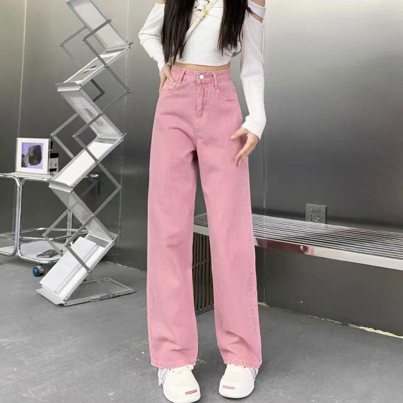 Qiu Yi Denim wijde broek voor dames met peerfiguur, hoge taille, losse kruisbedekkende rechte broek M