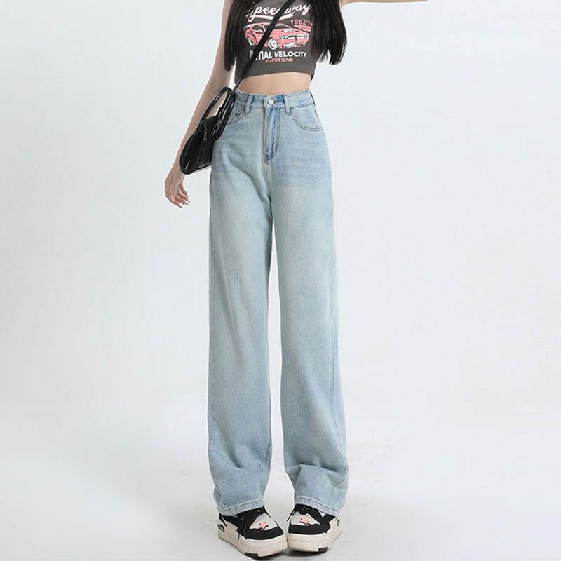 Qiu Yi Jeans Rechte broek voor dames Hoge taille, losse dunne casual sleepbroek met wijde pijpen 2XL