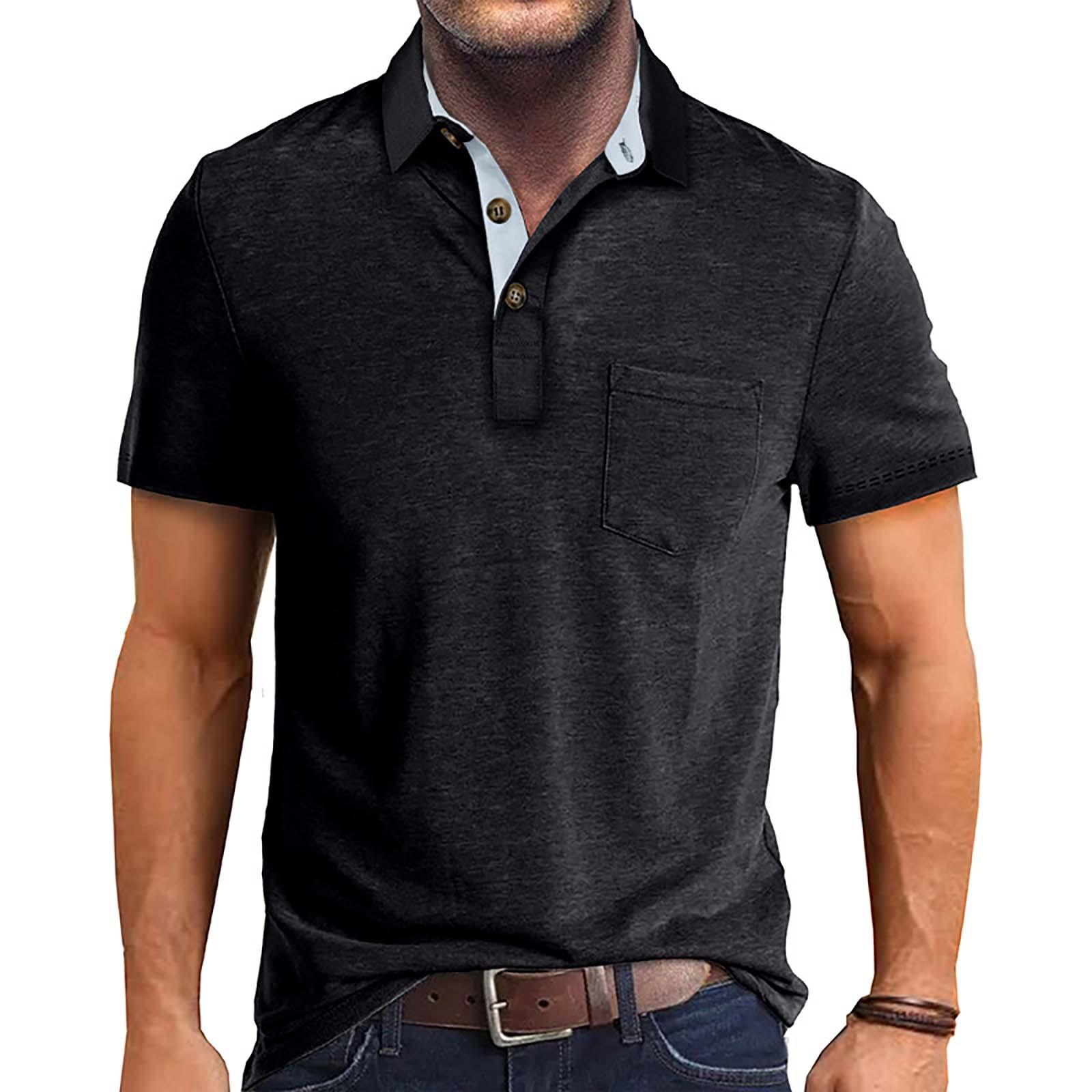 Excellent stuff Heren zomer effen T-shirt met 3 knopen open kraag en knoopsluiting korte mouwen top XXXL zwart