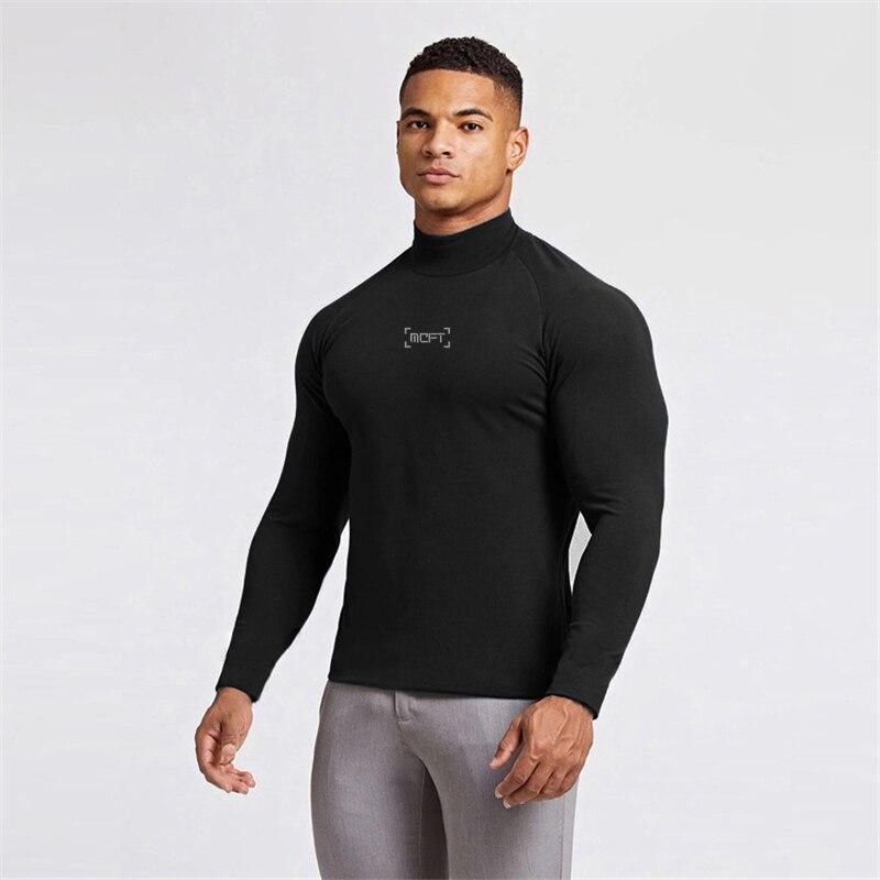 Muscleguys Nieuwe herfstkleding Heren T-shirt met hoge hals en lange mouwen Fitnessfitting Eenvoudige trainingstrui XXL zwart