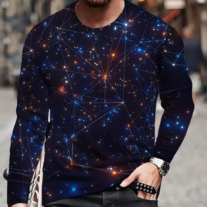 Happy Show Starry Sky Print Heren T-shirts Lange Mouw T-shirts Ronde Hals Casual Pullover Herenkleding Plus Size 8XL blauw