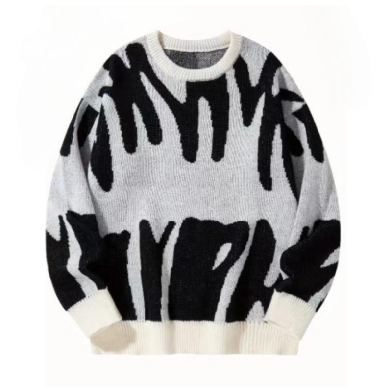 Qingpingjuan Men's Autumn Winter Irregular Jacquard Pattern Pullover Sweater Casual Round Neck Contrast Color Knitted Men's Pullover XS wit