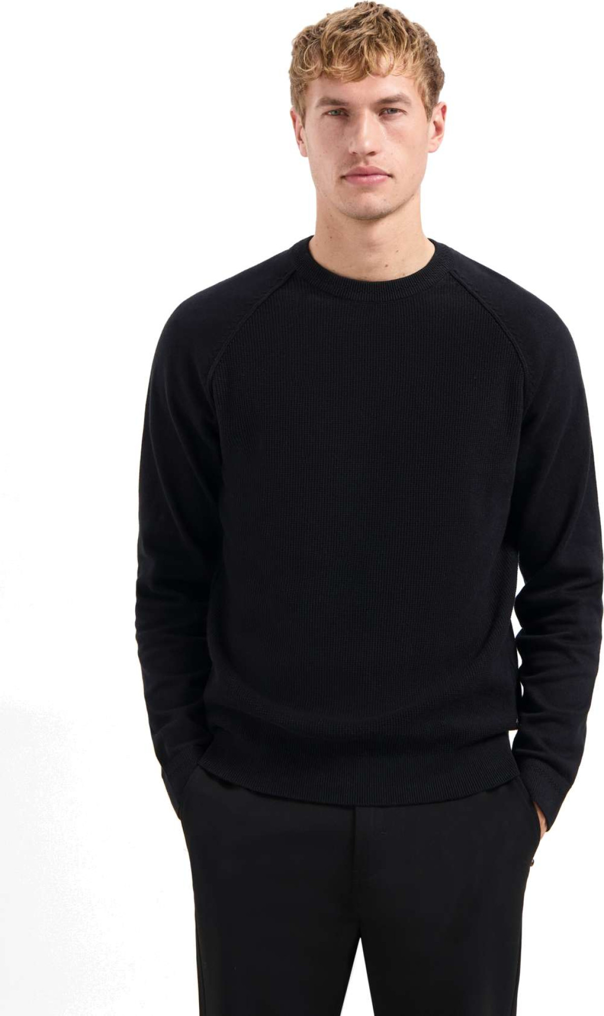 No Excess Pullover crewneck solid waffle knit black