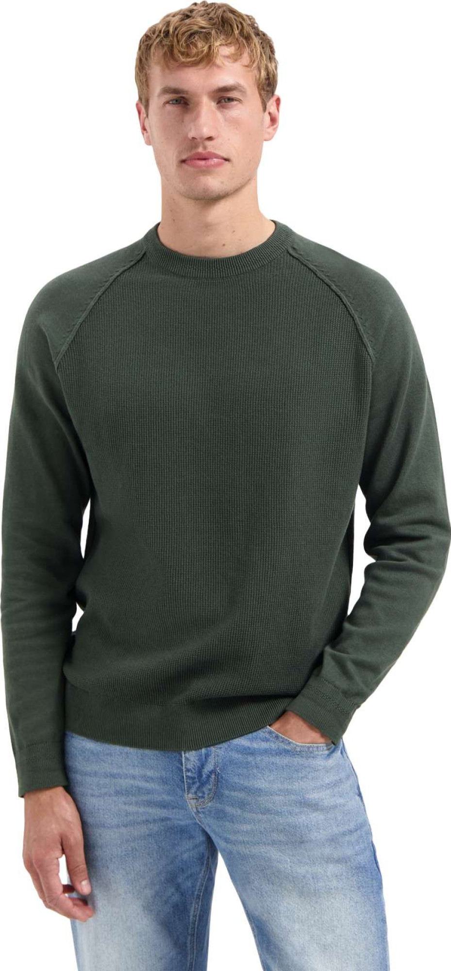 No Excess Pullover crewneck solid waffle knit dark green