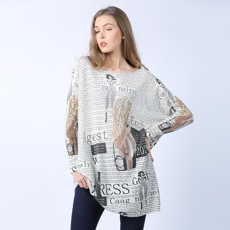 Qiu Yi Lente en herfst damesgebreide jurk met lange mouwen en letterbedrukte gebreide trui in grote maten One Size wit