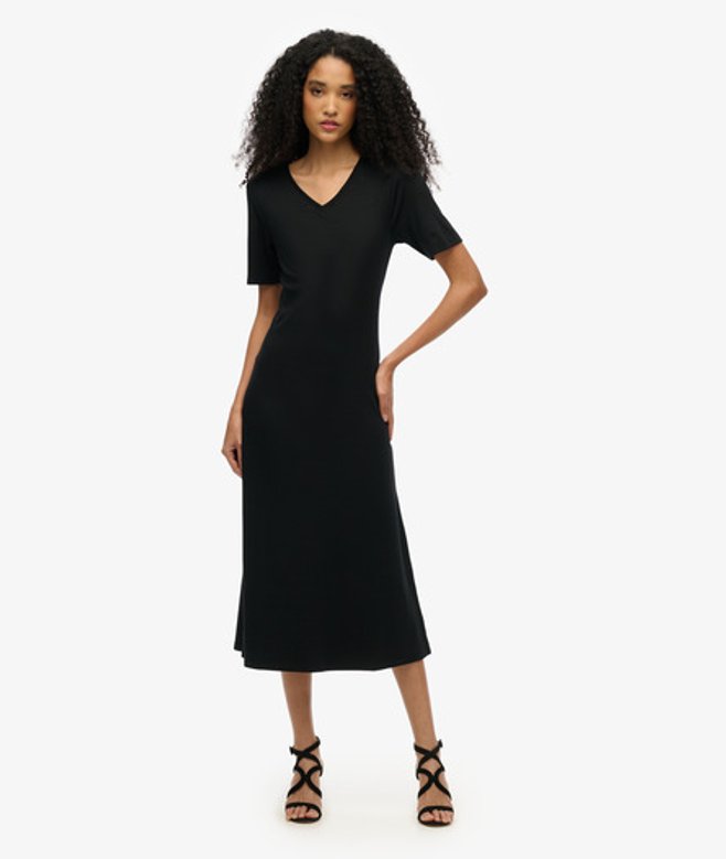 Superdry Jersey Midi-jurk met Korte Mouwen en V-hals Black