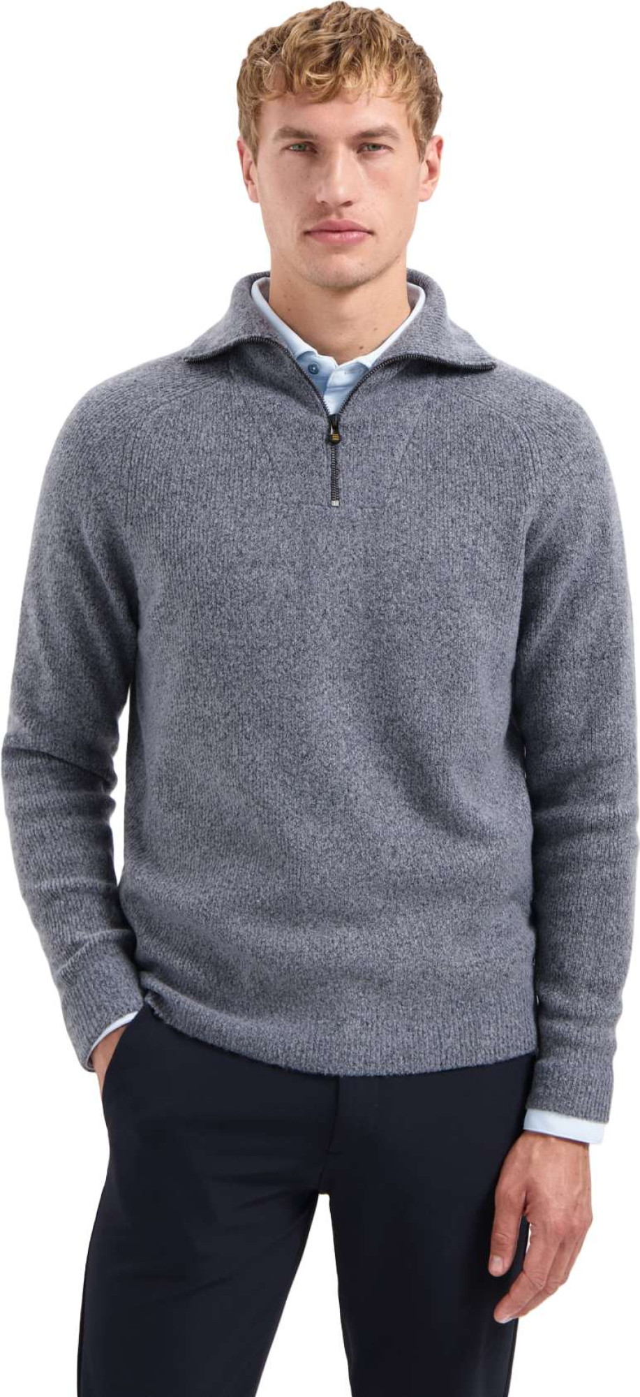 No Excess Pullover wing collar half zip soft washed blue