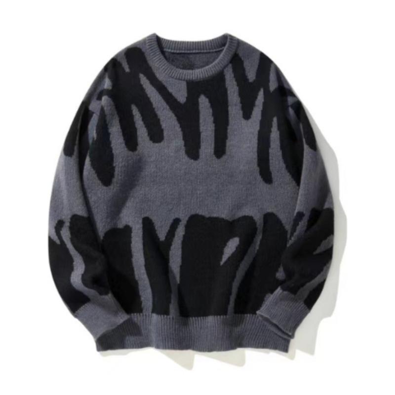 Qingpingjuan Men's Autumn Winter Irregular Jacquard Pattern Pullover Sweater Casual Round Neck Contrast Color Knitted Men's Pullover S grijs