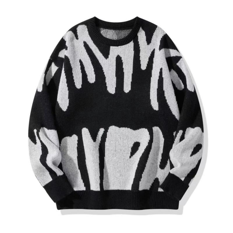Qingpingjuan Men's Autumn Winter Irregular Jacquard Pattern Pullover Sweater Casual Round Neck Contrast Color Knitted Men's Pullover S donkergrijze kleur