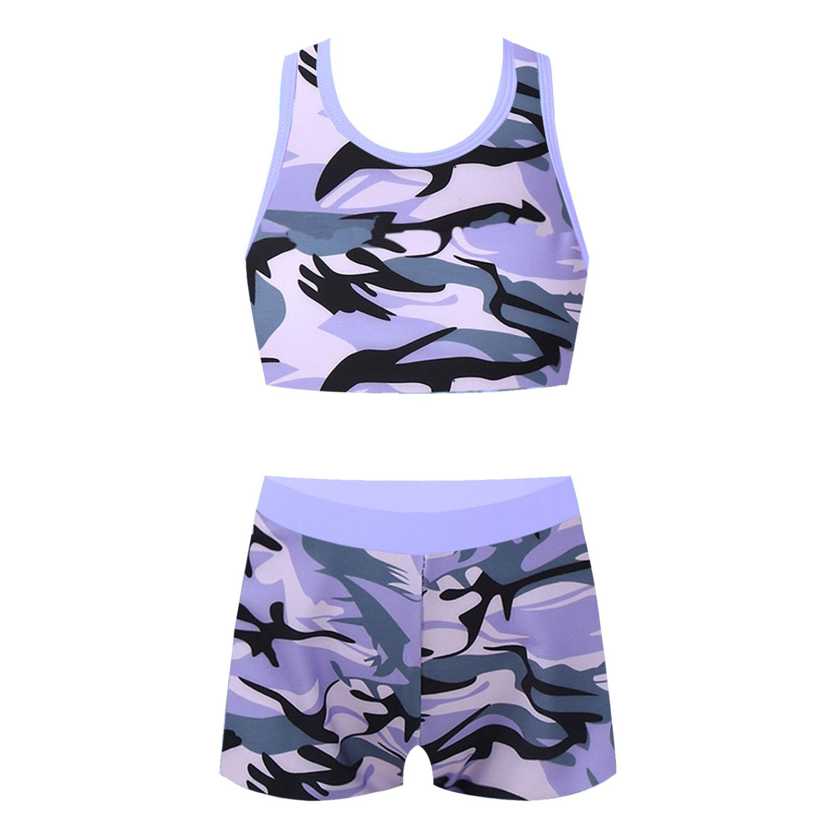 IEFiEL Kindermeisjeszwemkleding Racerback crop-tanktop met boyshorts Bodems Tweedelige bikiniset 5-6Years paars