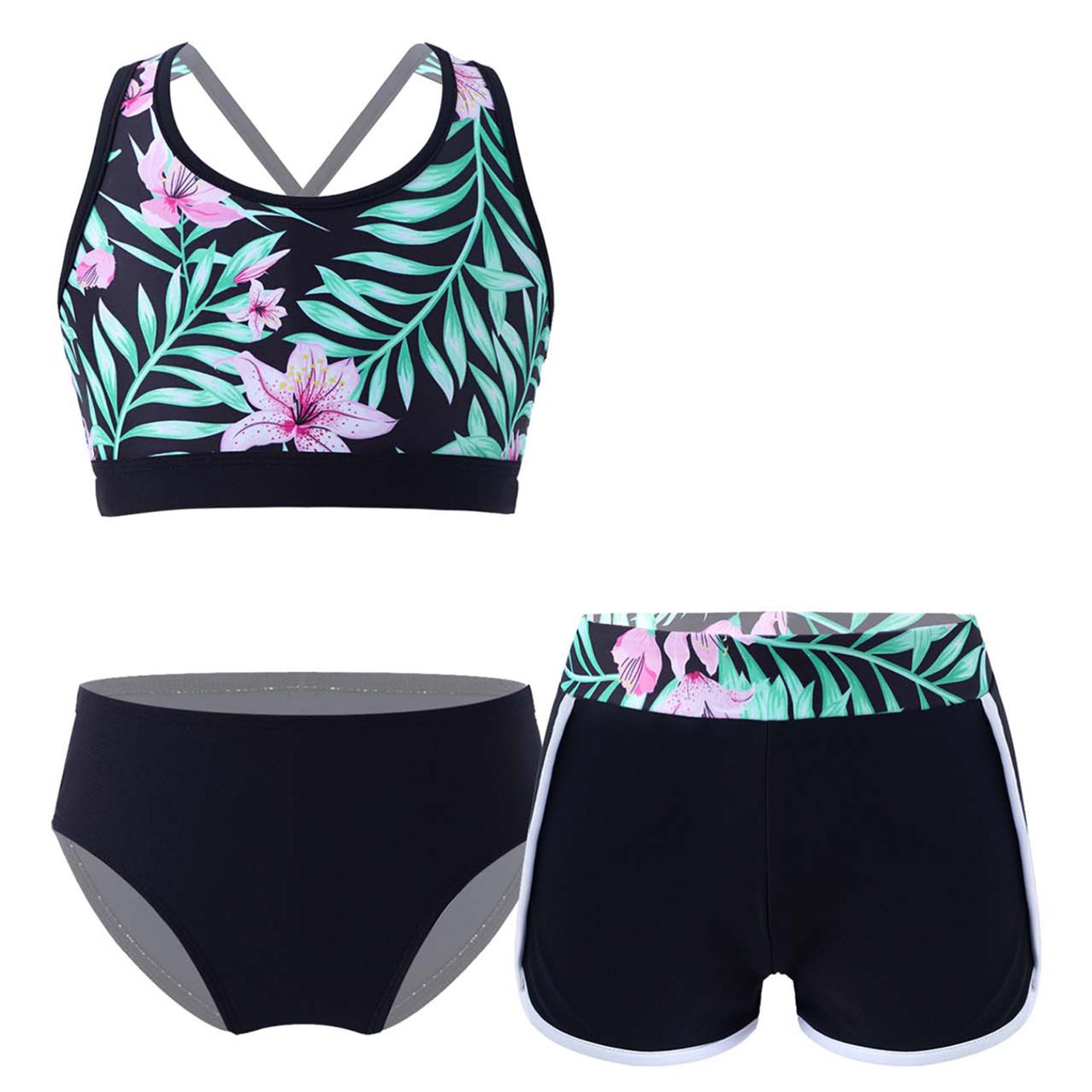 IEFiEL Kinderbadpaksets Badpak voor meisjes Bedrukt vest Crop Top met shorts en slips Set Strandbadkleding Zwembad Rashguard-pak 5-6 Years zwart