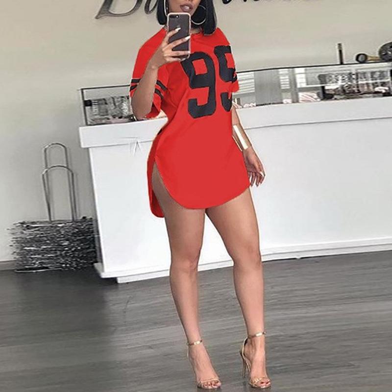 WERE TOPS Zomer Dames Mode Ronde Hals Digitaal Bedrukt Half Mouw Sport Lang T-shirt XXL rood