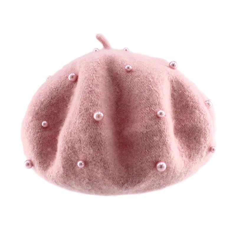 Newage Mode wollen materiaal kind baret met parels effen kleur retro babymeisje mutsen voor 3-8 jaar roze