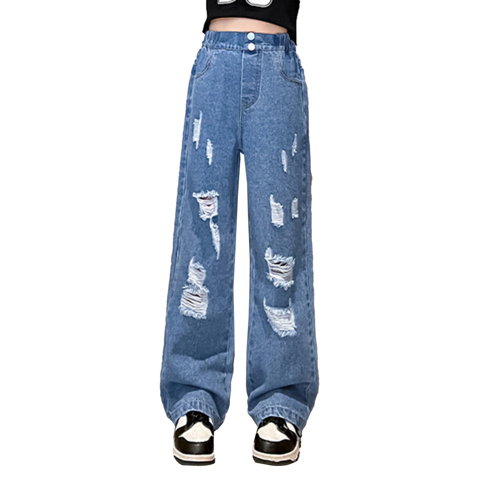 IEFiEL Casual kinderkleding Losse broek voor meisjes Hoge taille gescheurde denim lange broek met wijde pijpen 4-6 Years blauw