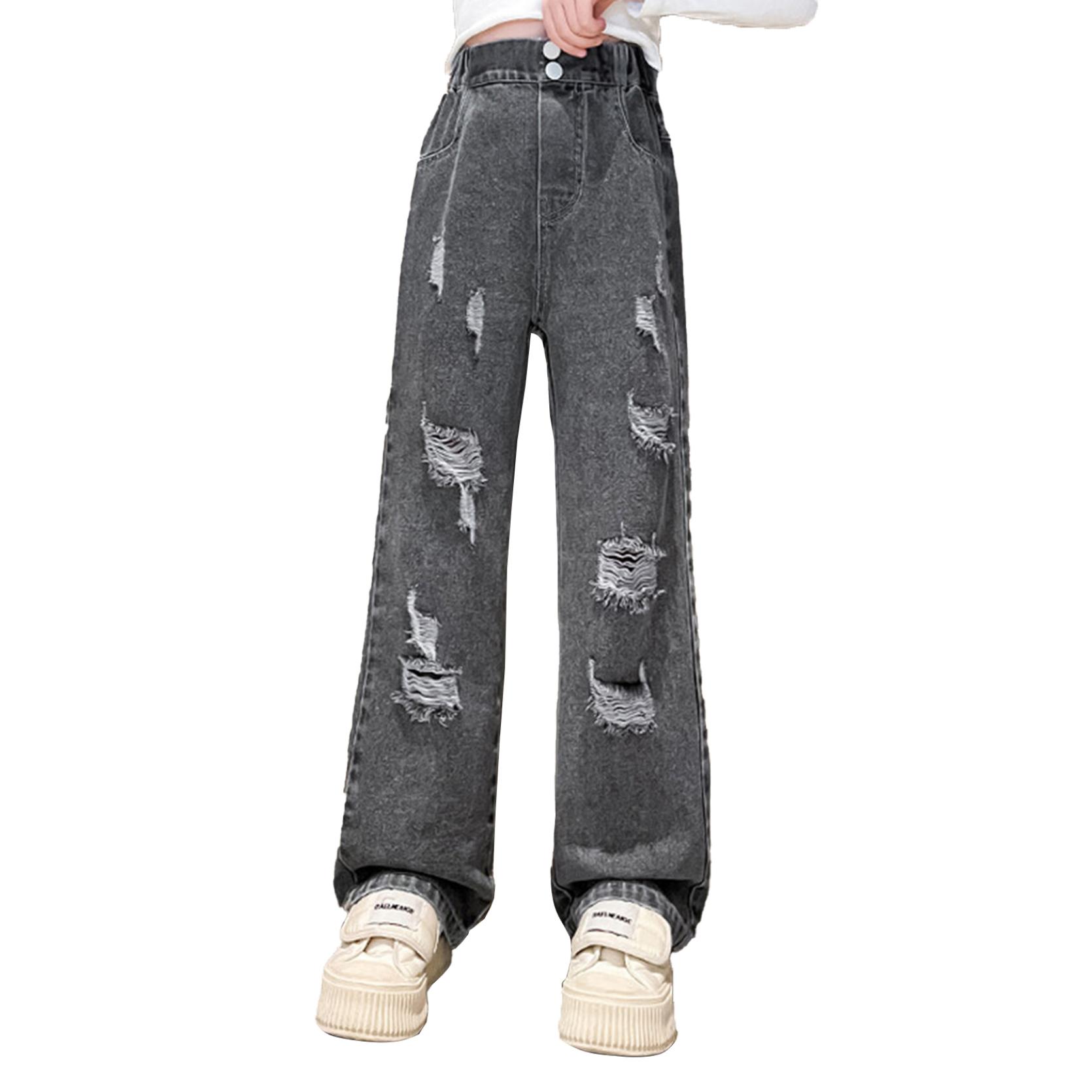 IEFiEL Casual kinderkleding Losse broek voor meisjes Hoge taille gescheurde denim lange broek met wijde pijpen 9-10 Years