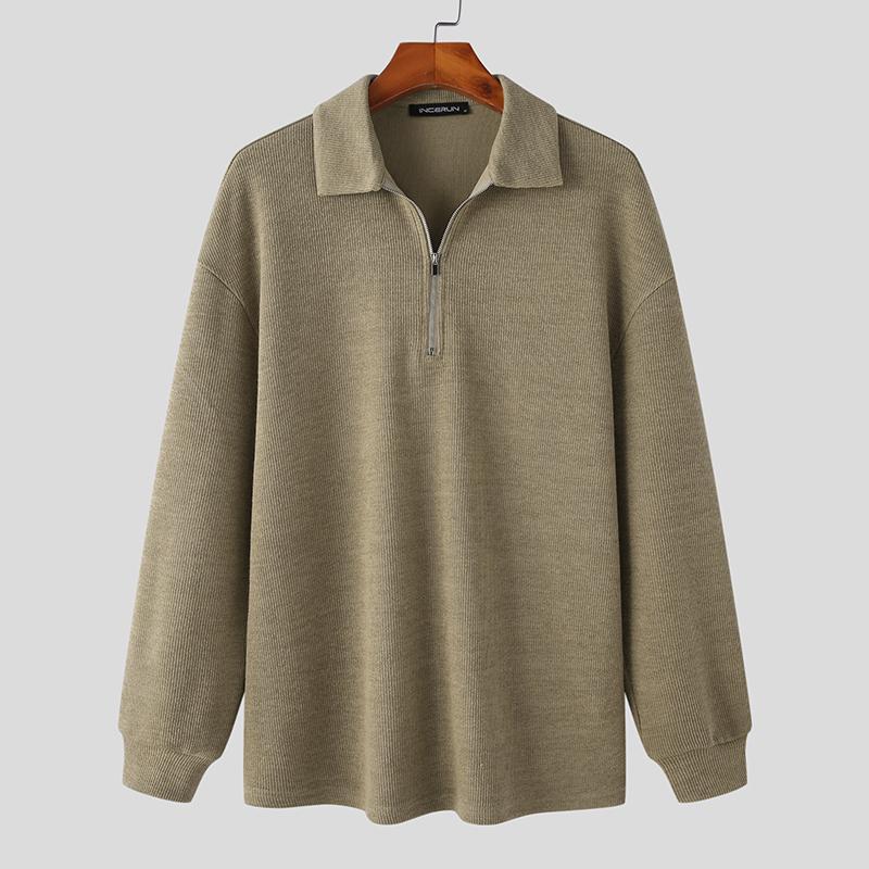 INCERUN Herfst Lente Heren Casual Losse Kraag Rits Trui Polo Tops XL kaki