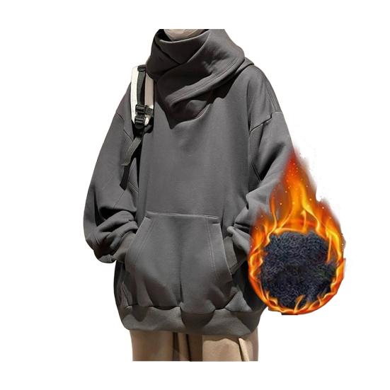 NovaNet Herfst Winter Heren Hoodie Oversize Capuchon Lange Mouwen Pure Kleur Hip Hop Hoge Kraag Grote Opgestikte Zak Elastische Manchet Middellange Warme Top XXXL donkergrijze kleur