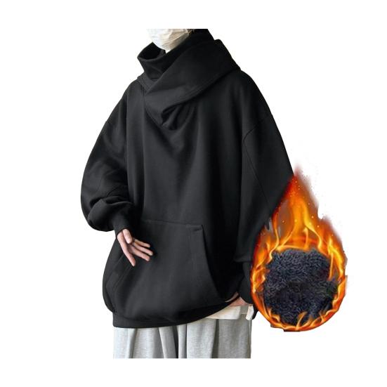NovaNet Herfst Winter Heren Hoodie Oversize Capuchon Lange Mouwen Pure Kleur Hip Hop Hoge Kraag Grote Opgestikte Zak Elastische Manchet Middellange Warme Top M zwart