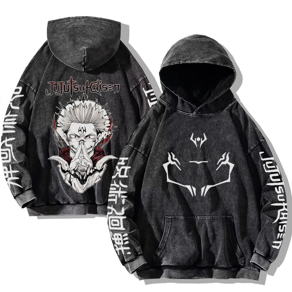 ETST 012 Vintage gewassen Jujutsu Kaisen Hoodies Satoru Gojo Heren Dames Streetwear Sweatshirts Casual Oversized Lange Mouw Kleding S