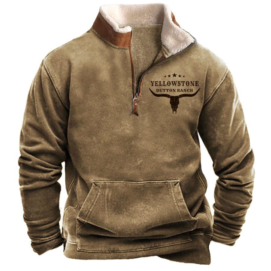 Cloth W Heren Western Fleecejack Cowboy Bull Head Print Pullover 1/4 Zip Stand Collar Lange Mouw Country Sweatshirts Pullover Jassen XL kaki