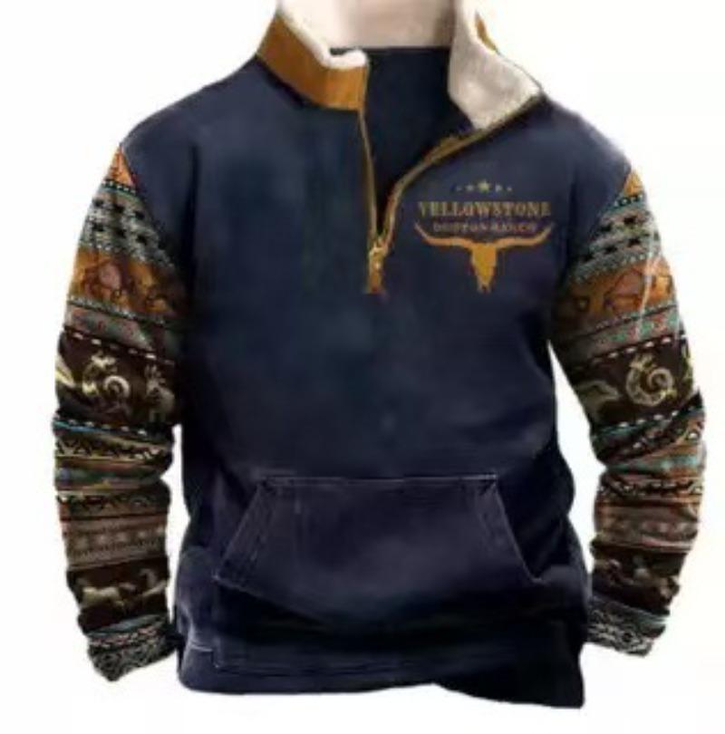 Cloth W Heren Western Fleecejack Cowboy Bull Head Print Pullover 1/4 Zip Stand Collar Lange Mouw Country Sweatshirts Pullover Jassen 2XL marineblauwe kleur