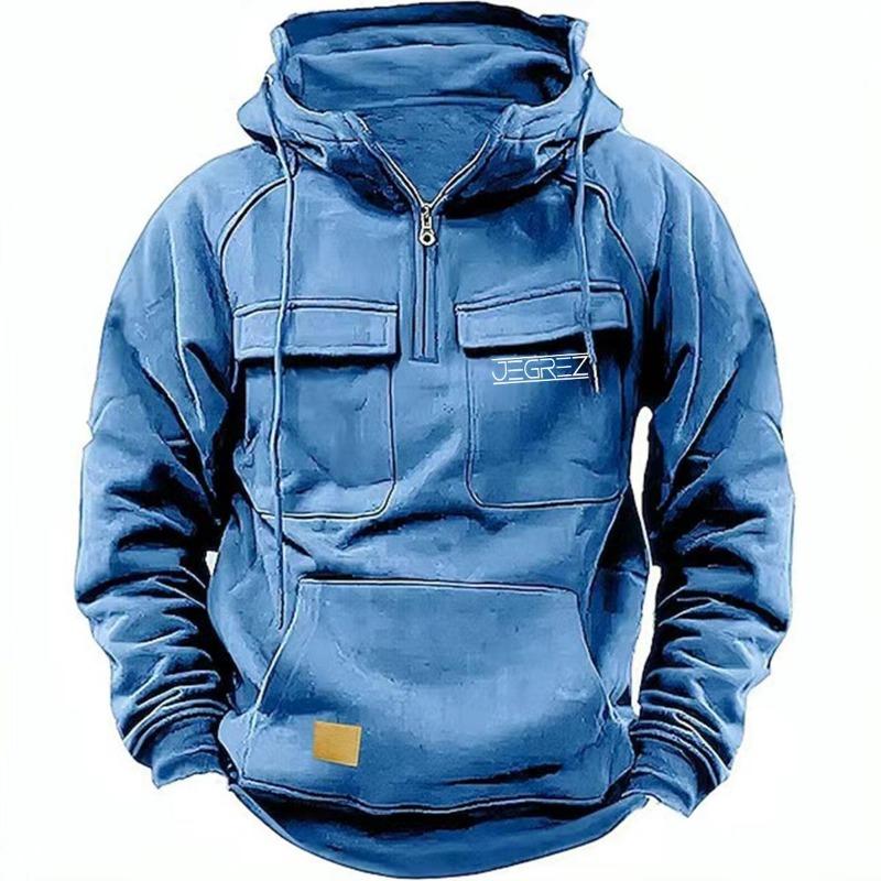 Pu Er Hooded Warme Dikke Heren Hoodie 2024 Nieuwe Mode Losse Multi-pocket Effen Kleur Lange Mouwen Winter Casual Sweatshirt 3XL blauw