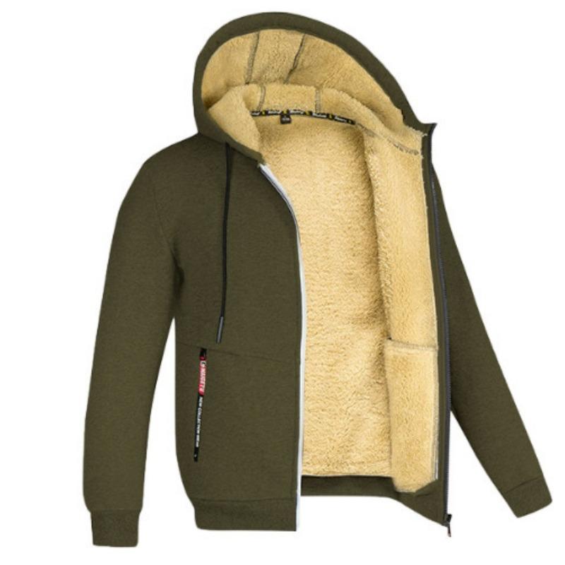 Bengxin Clothing Lam fluwelen herfst en winter trui heren capuchon effen kleur jas plus fluweel verdikte kleding 3XL legergroene kleur
