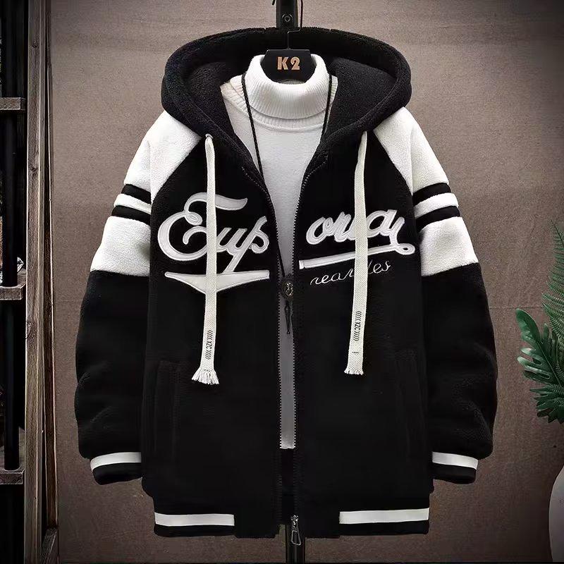StrideBox Men's Plus Size Lamb Fleece Cotton Hooded Jacket - Loose Fit, Thick Zipper Cardigan for Teenagers 8XL