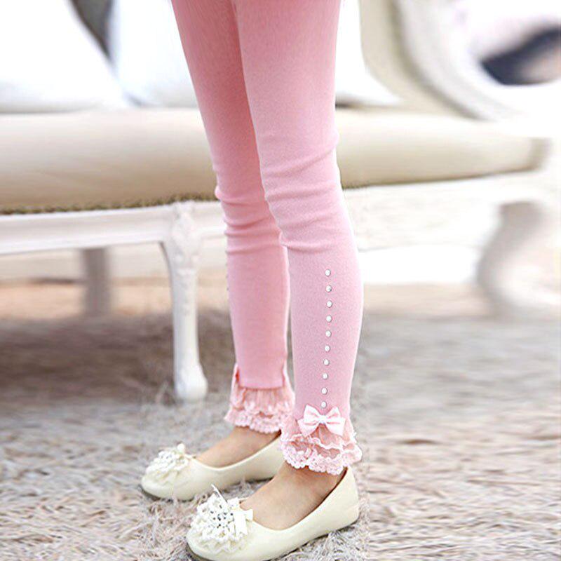 Comeandbuy Kinderen Meisjes Prinses Legging Lente Herfst Trim Kant Geplooide Strass Leggings Katoenen Leggings Broek voor meisjes 120