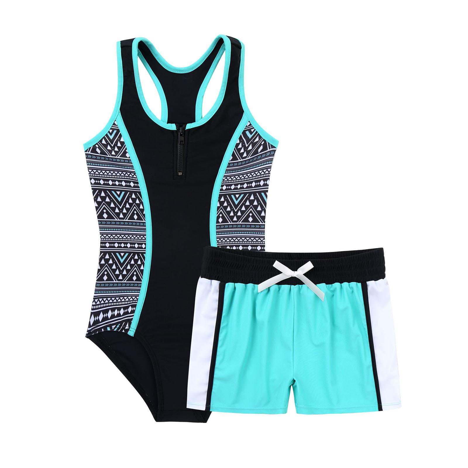 IEFiEL 2 2 stuks kindermeisjes badpak ronde hals mouwloos racerback jumpsuit met elastische taille boyshorts set 3-4 Years mintgroene kleur