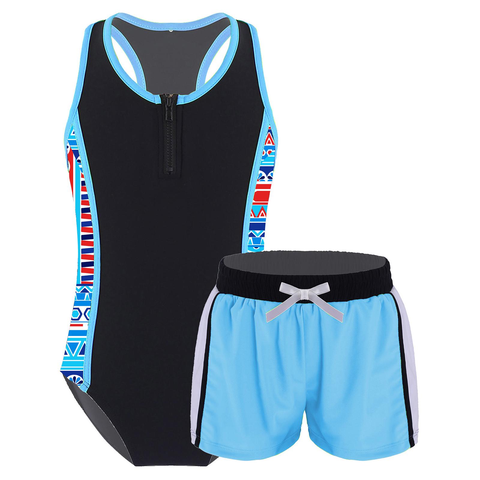 IEFiEL 2 2 stuks kindermeisjes badpak ronde hals mouwloos racerback jumpsuit met elastische taille boyshorts set 15-16 Years