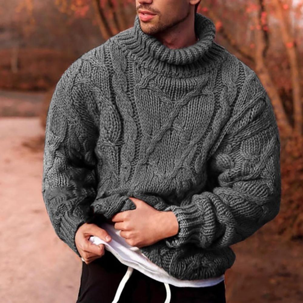 New boy 04 Modieuze heren herfst/winter warme pure kleur gebreide twist vlecht twist gebreide trui coltrui warme pullover L grijs
